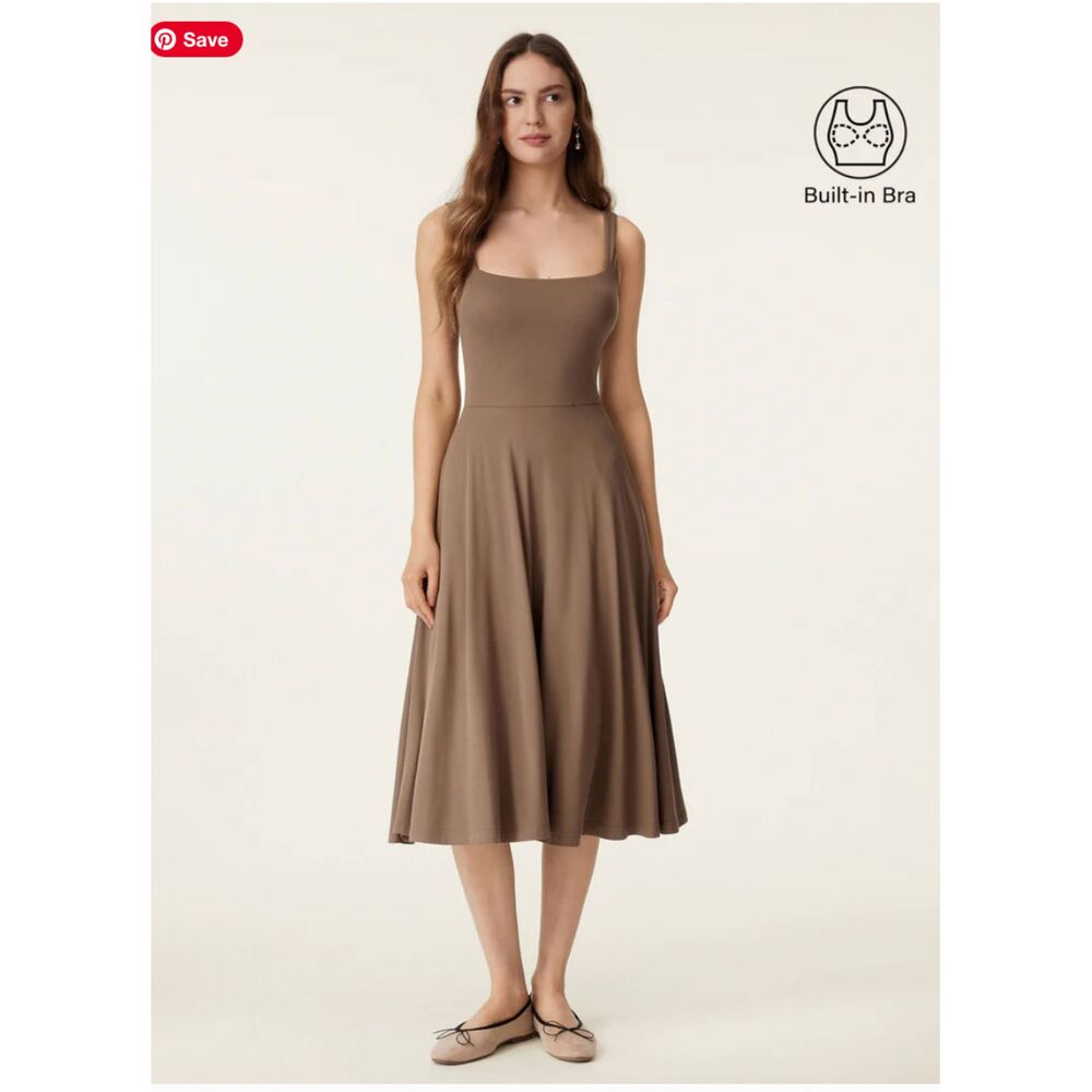 NEW w Tags XS Square Neck Flowy New Airy Bra Midi Dress $89.00 SZ.  Color Mocha